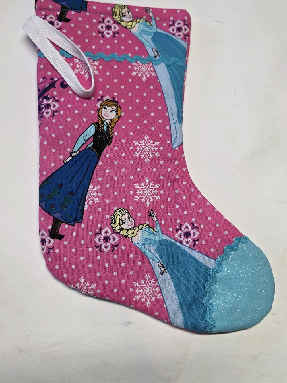 Handmade Girls Pink Frozen-Print Holiday Stocking with Blue Accent